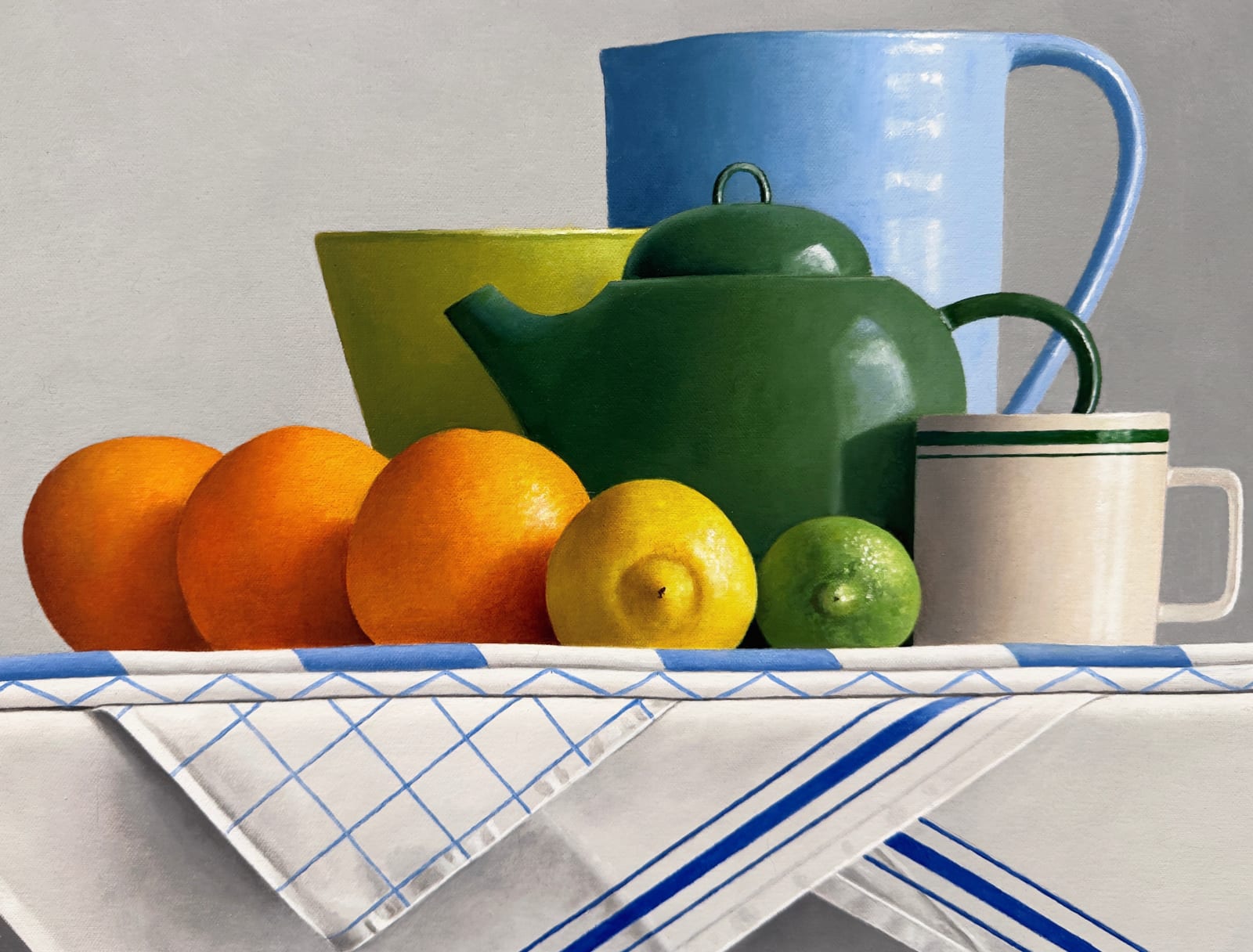 Painting of a still life with citrus and vessels