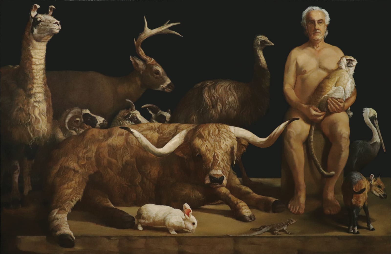 Oil painting of rescuer and various animals on canvas