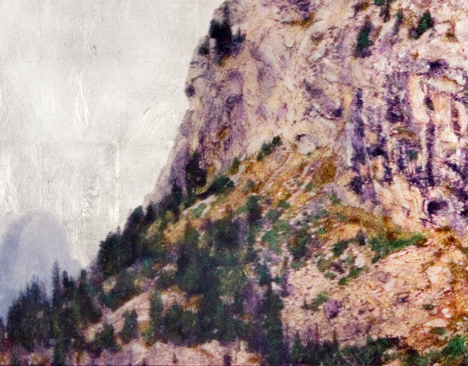 Mixed media work with Aged Silver Leaf with Pigment Print, Acrylic Paint, Watercolors, and Resin on Panel