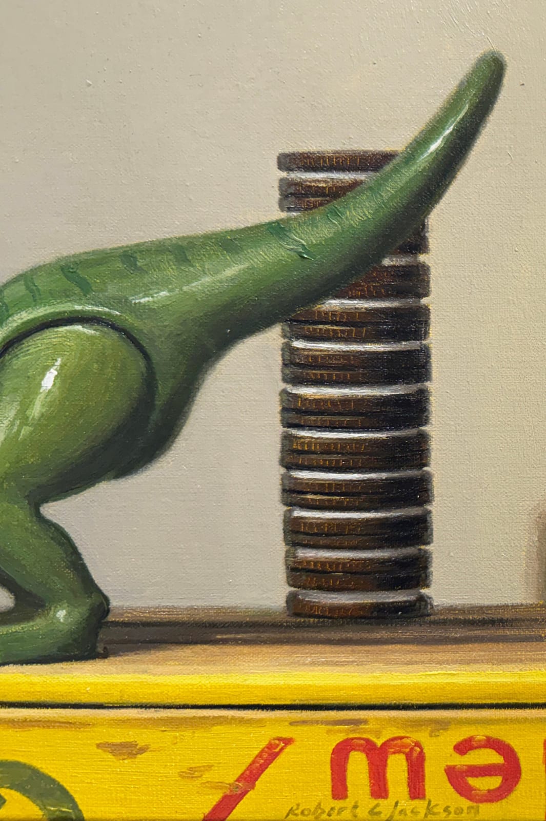 Painting of a toy dinosaur eating oreos