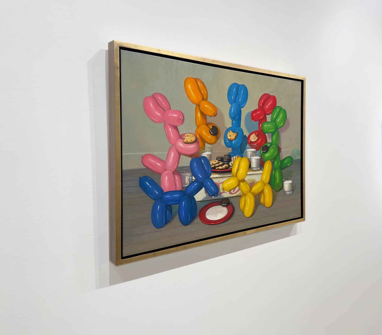 Painting of balloon dogs pretending to dine on cookies and milk