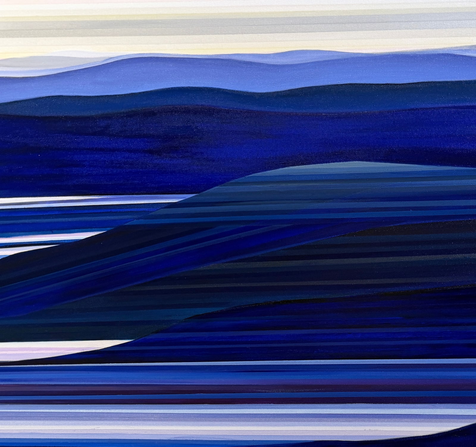 Painting of an abstracted landscape in blue