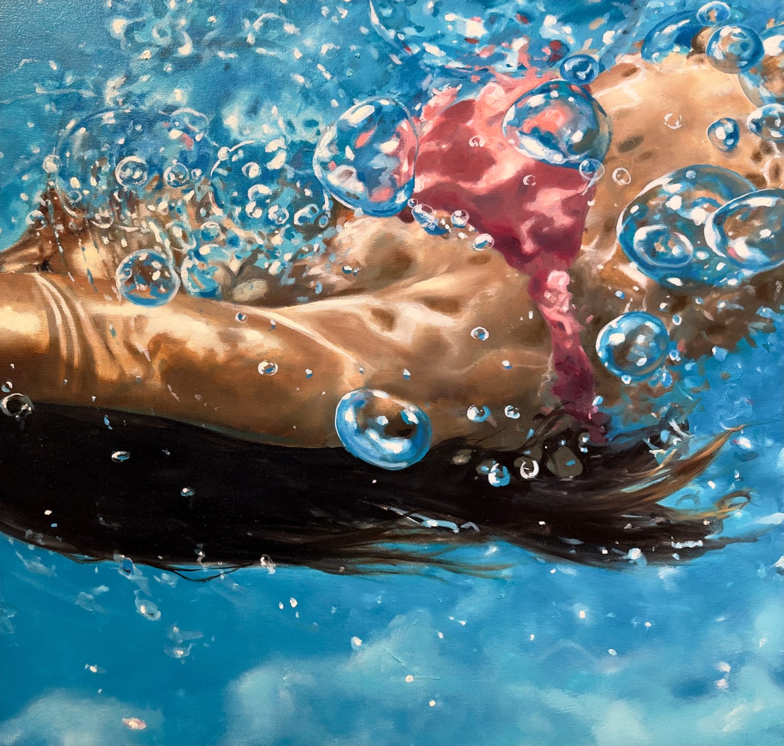 Painting of a woman on her back swimming