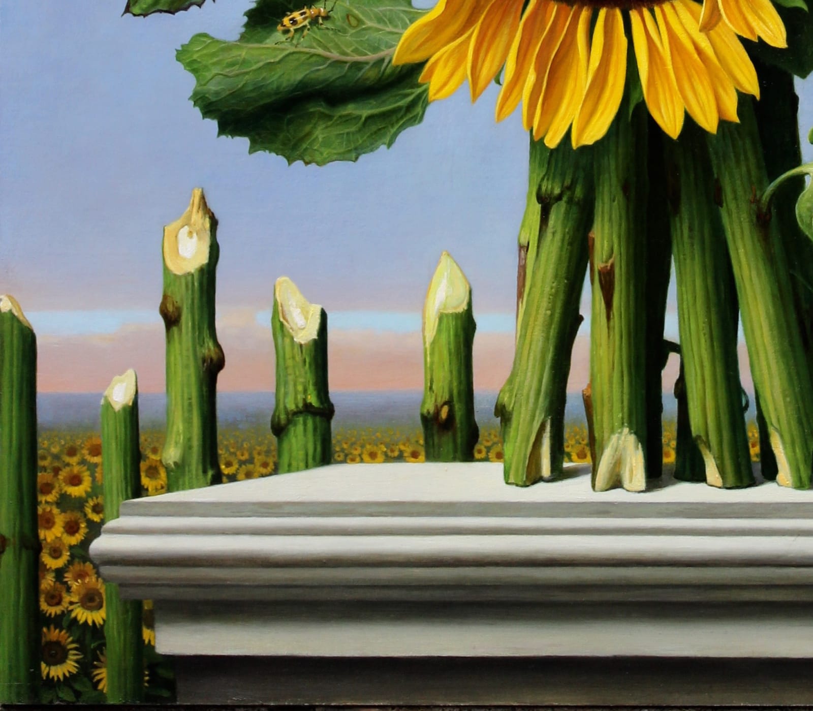 Oil painting of Sunflower on pedestal with cup stems behind on panel