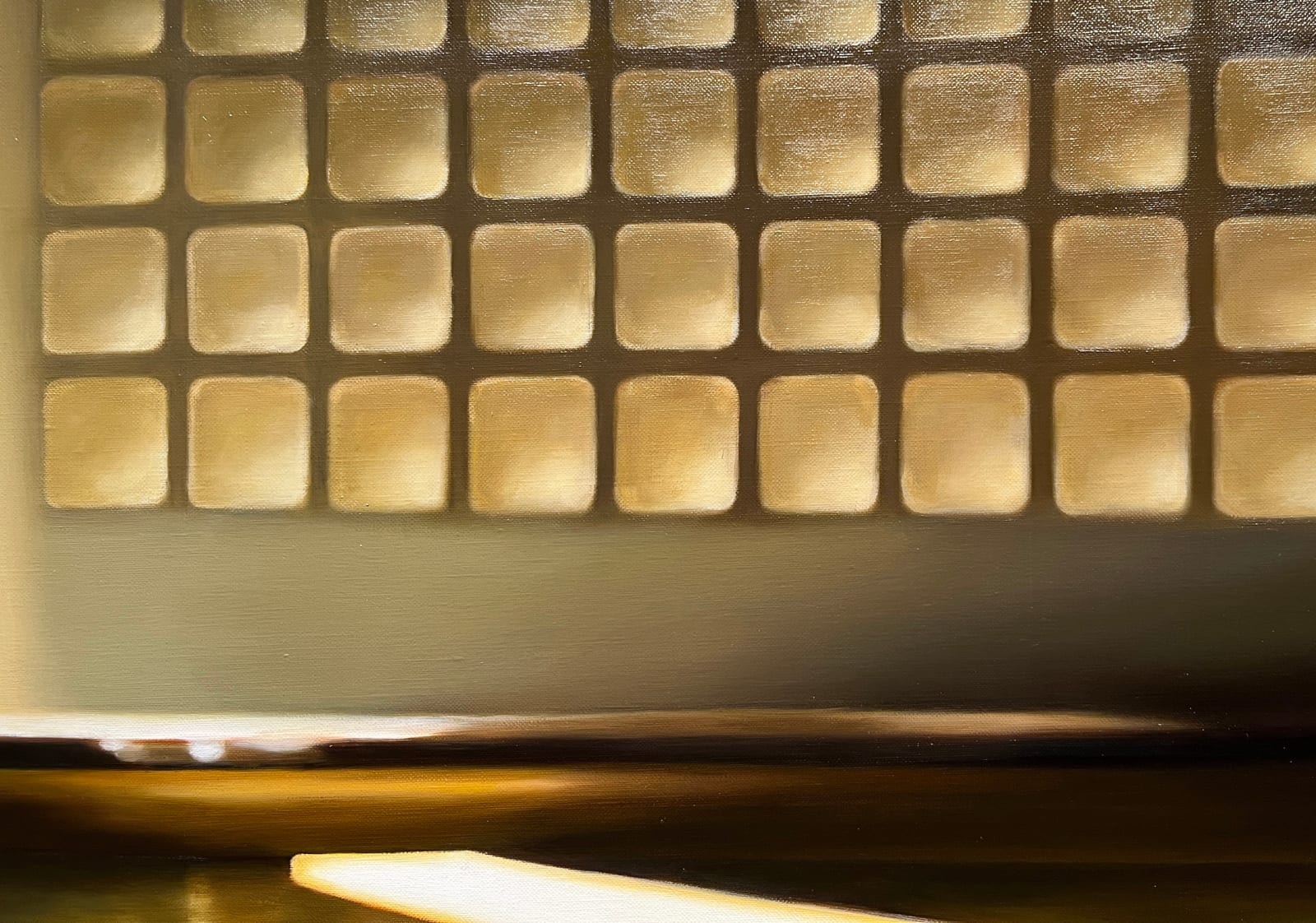 Painting of a light dappled floor and door