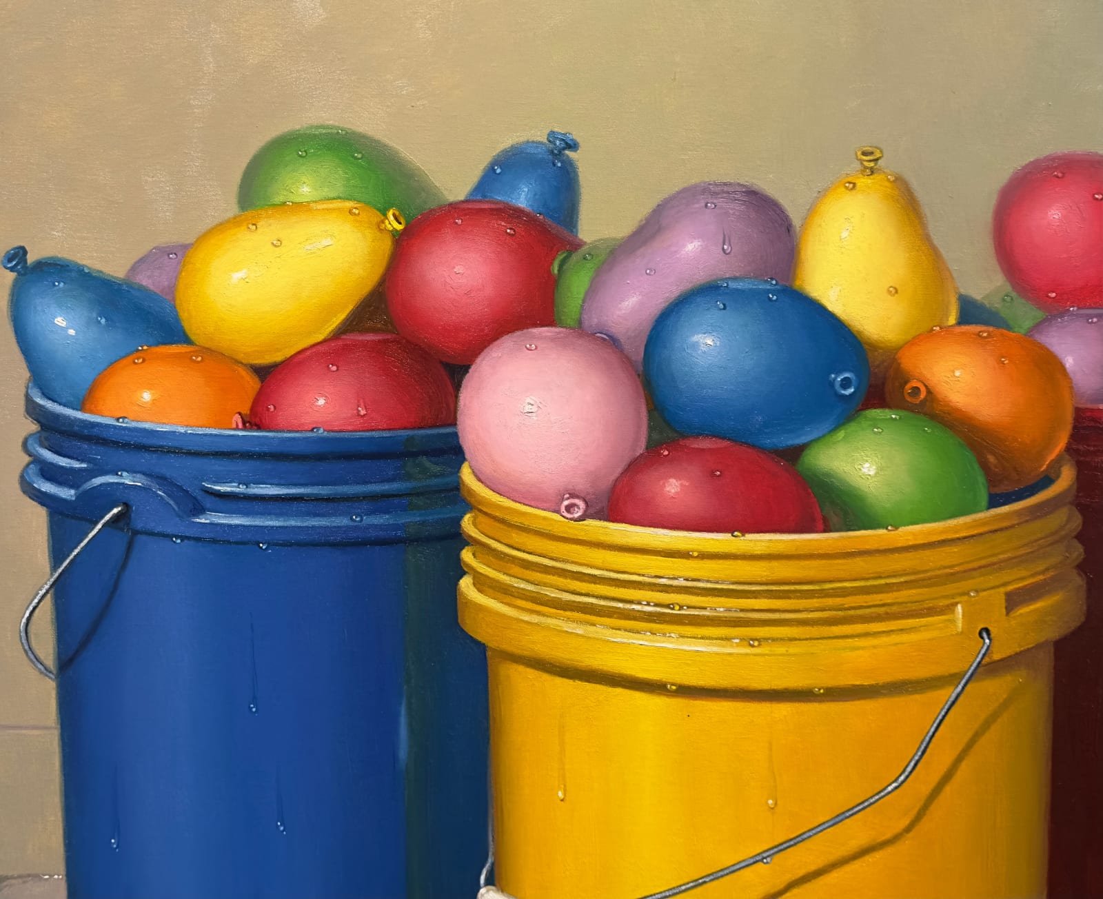 Painting of three buckets filled with balloons