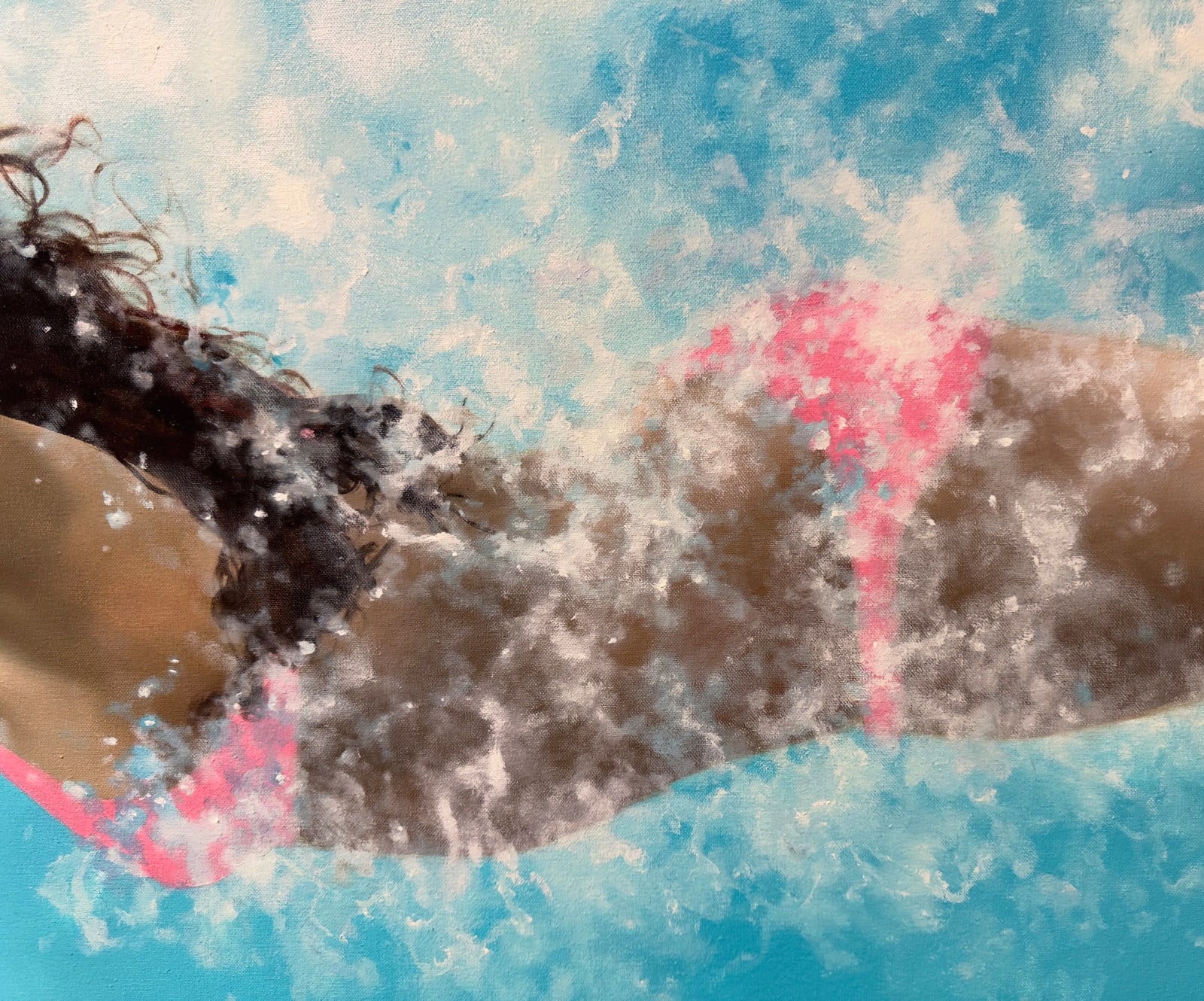 Painting of a woman in a pink bathing suit swimming