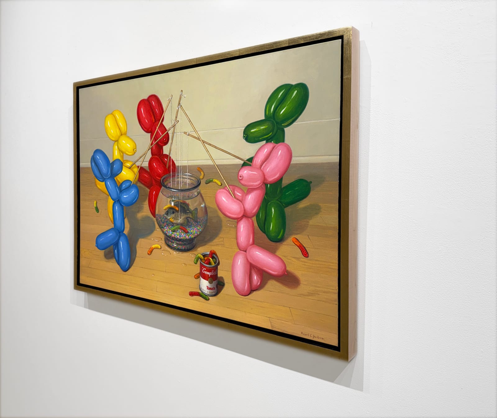 Painting of balloon dogs fishing