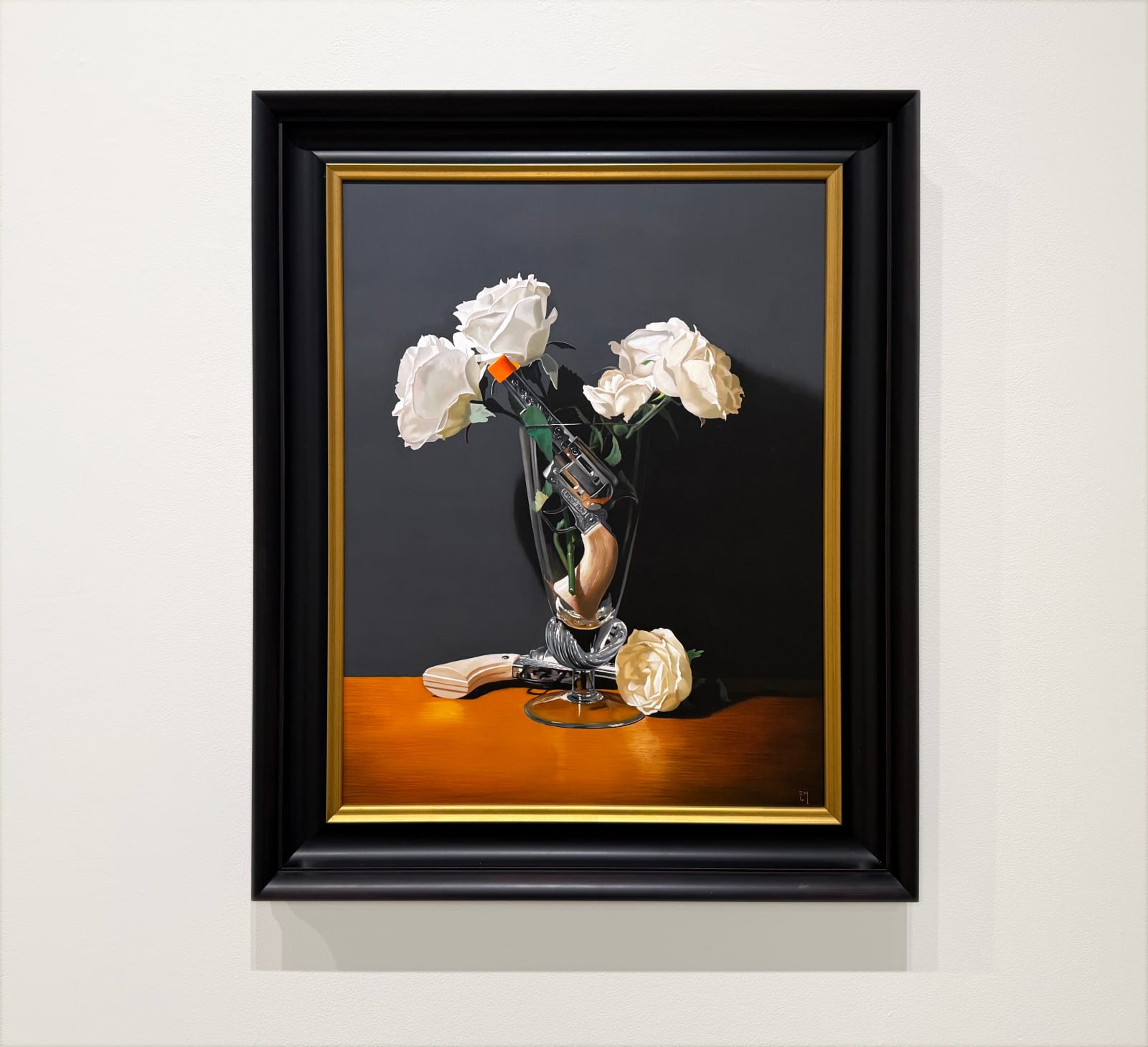 Still life painting of a vase with roses and a gun in it