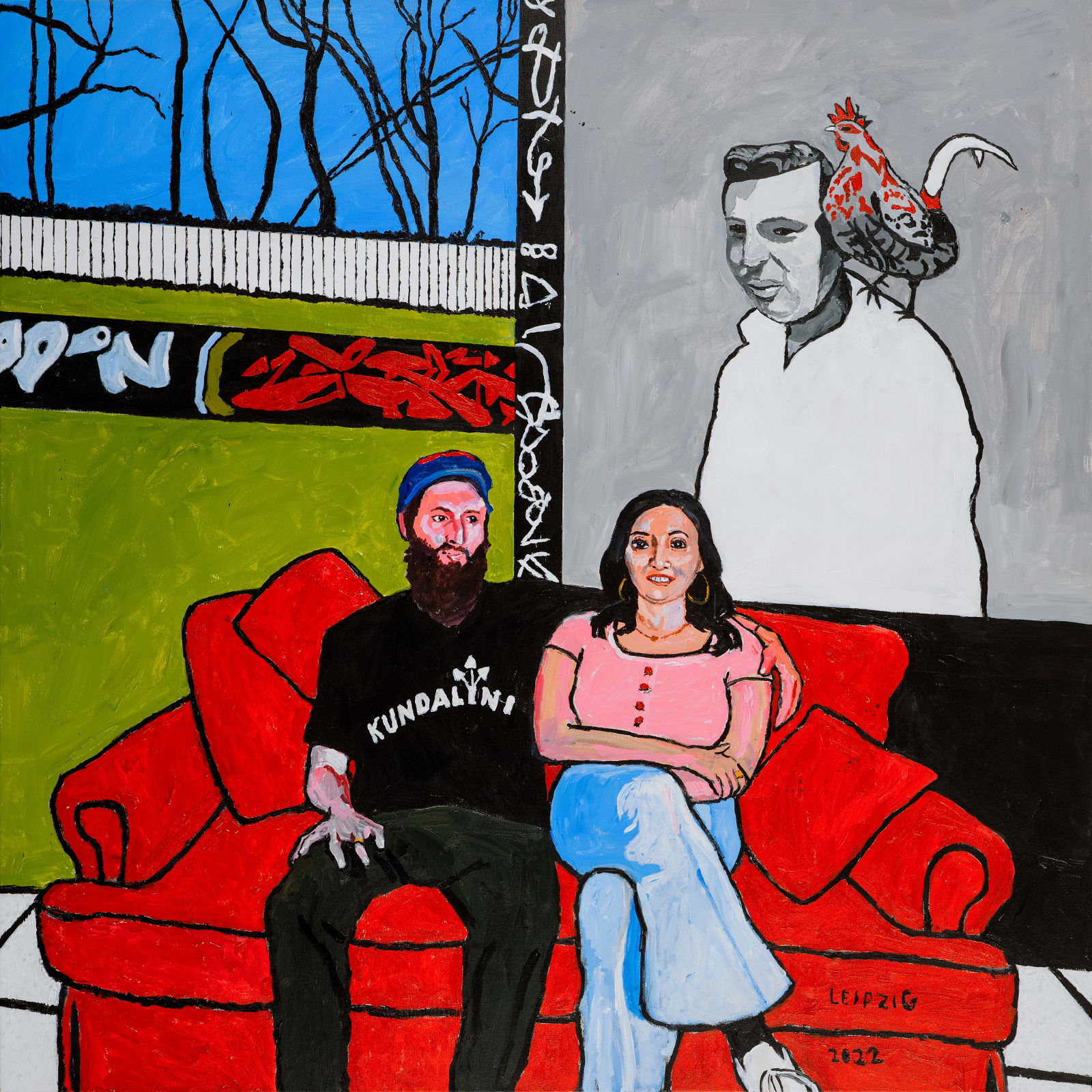 Mel Leipzig, DEAN AND MAGGIE WITH A PORTRAIT OF HIS FATHER, 2022