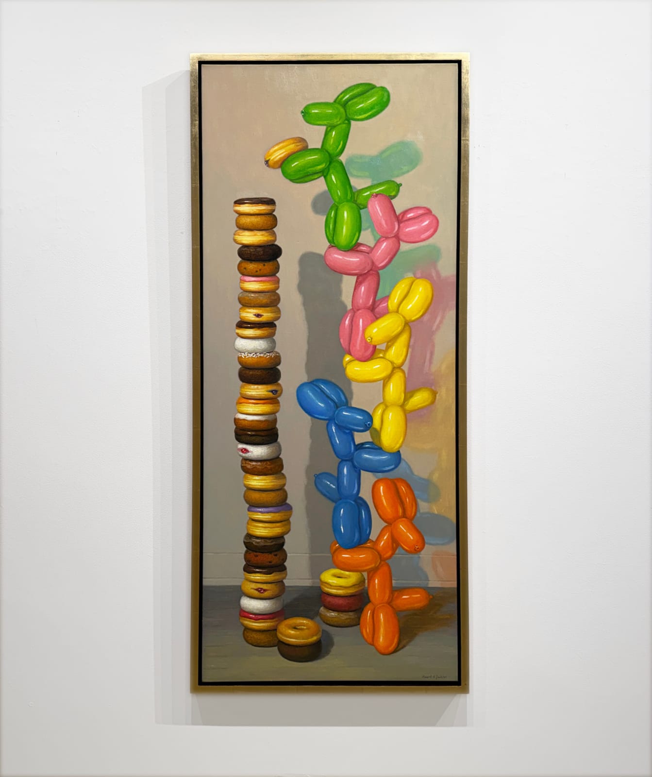 Painting of balloon dogs stacking donuts