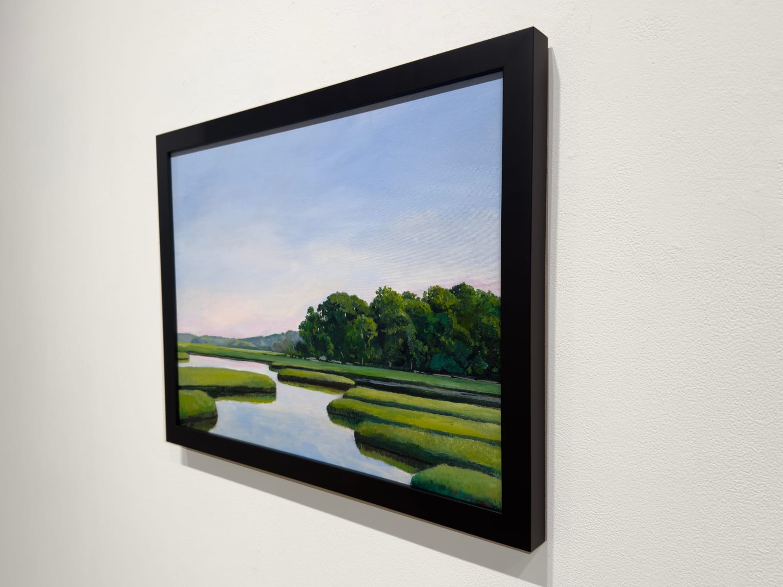 Painting of a river marsh with bushes and landscape