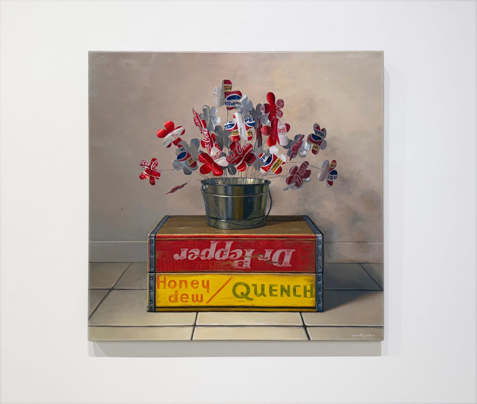 Still life painting of a soda can bouquet