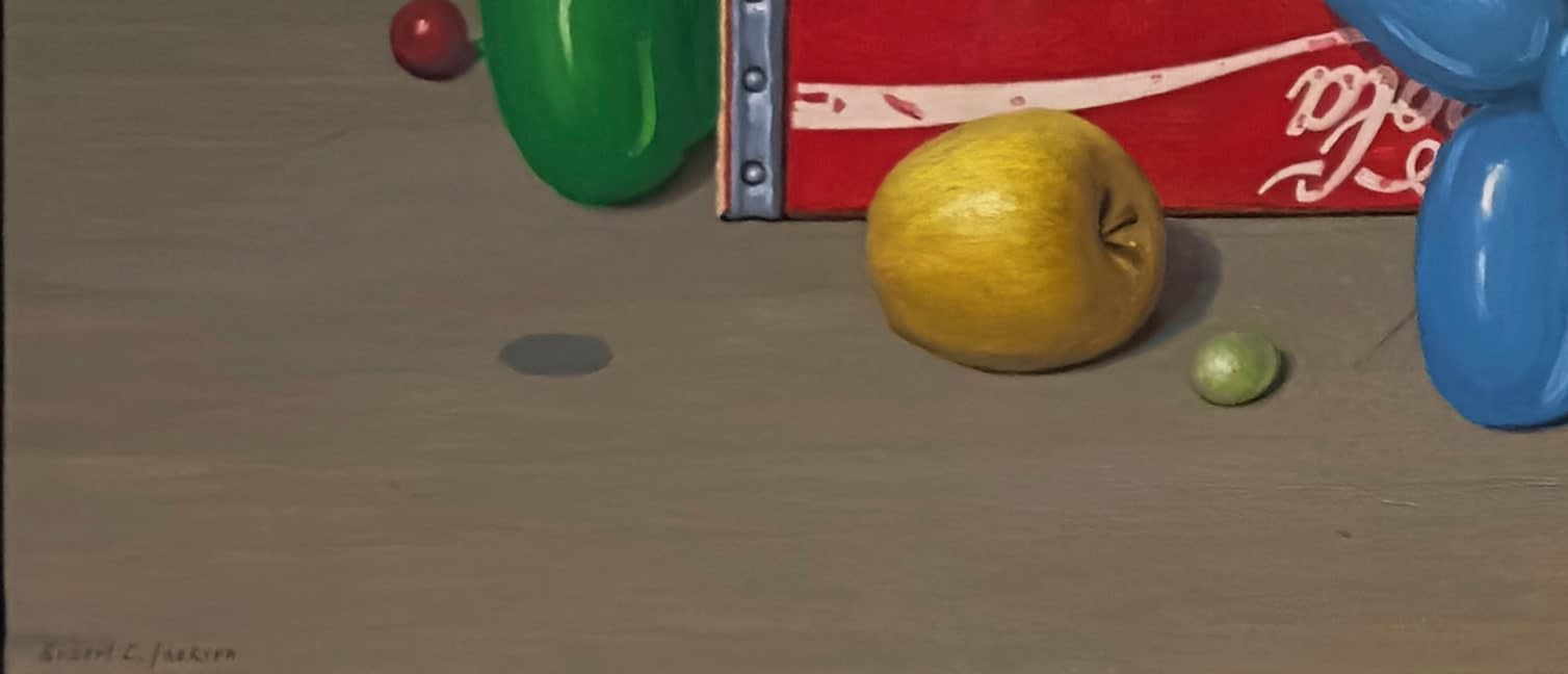 Painting of balloon dogs eating around a long table