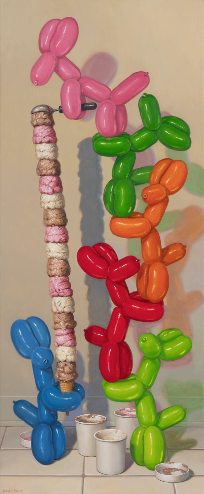 Painting of balloon dogs stacking ice cream scoops