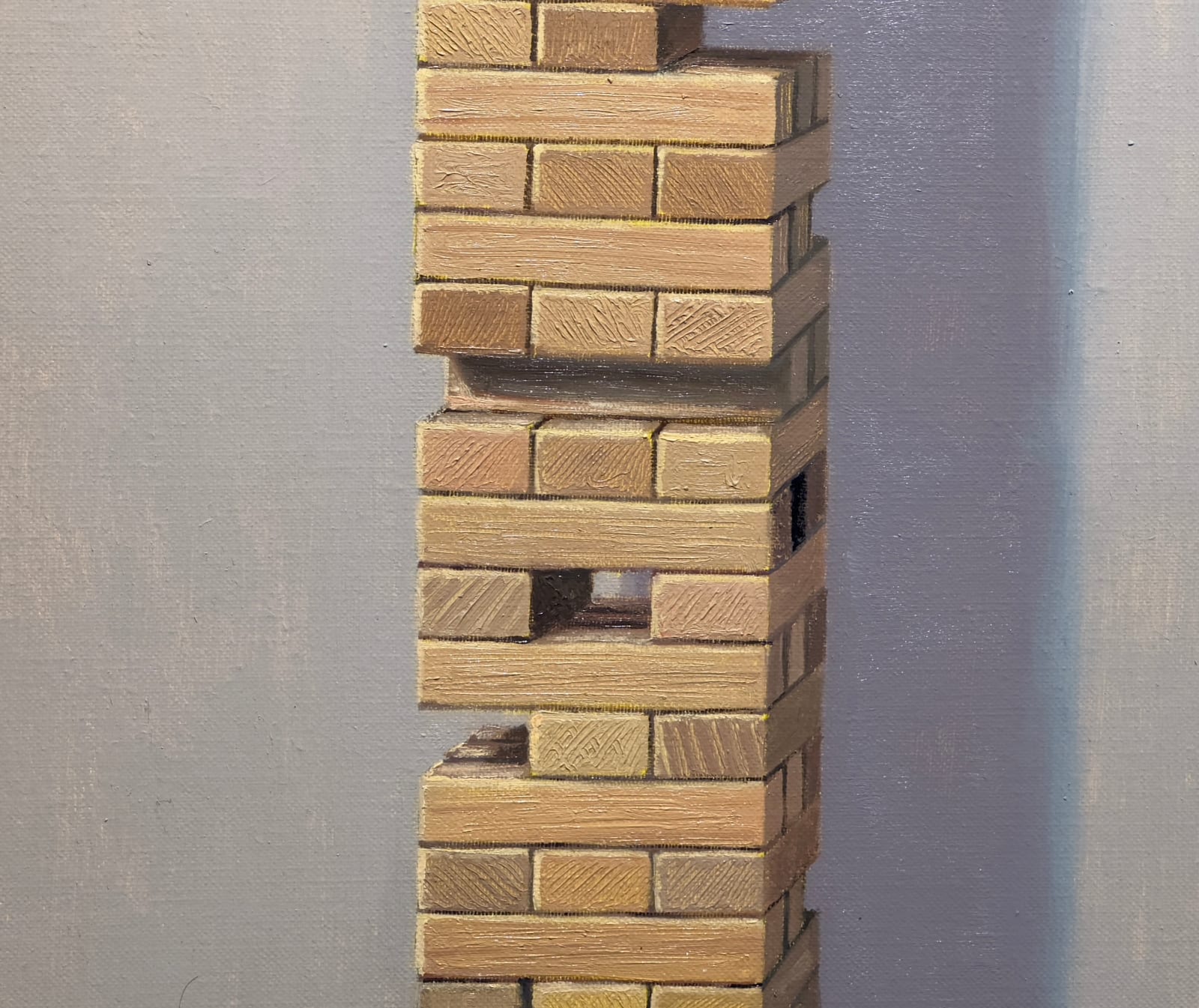 Painting of a globe atop a tall tower of jenga blocks