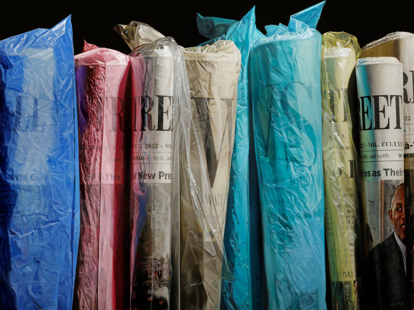 Photorealistic painting of Wall Street Journal Newspapers in Plastic bags