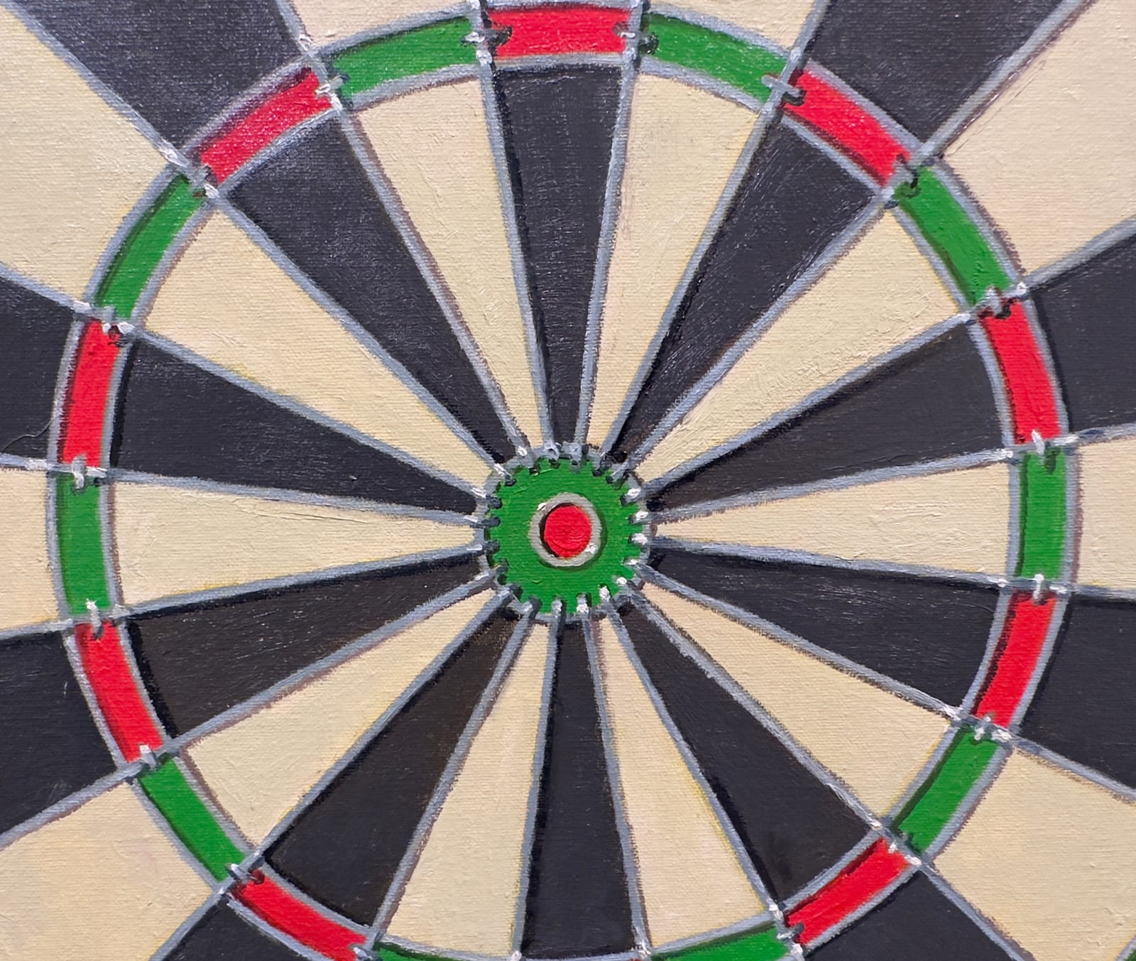 Painting of a realist dart board with missed darts in the wall surrounding it