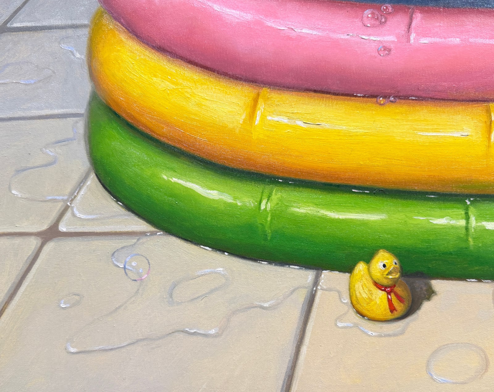 Painting of balloon dog taking a bath