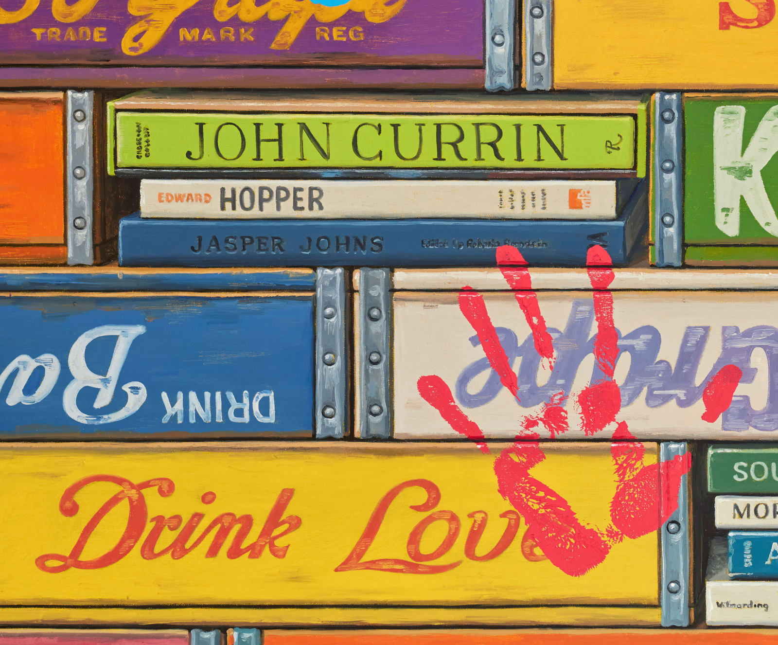 Detail of red hand print on soda boxes