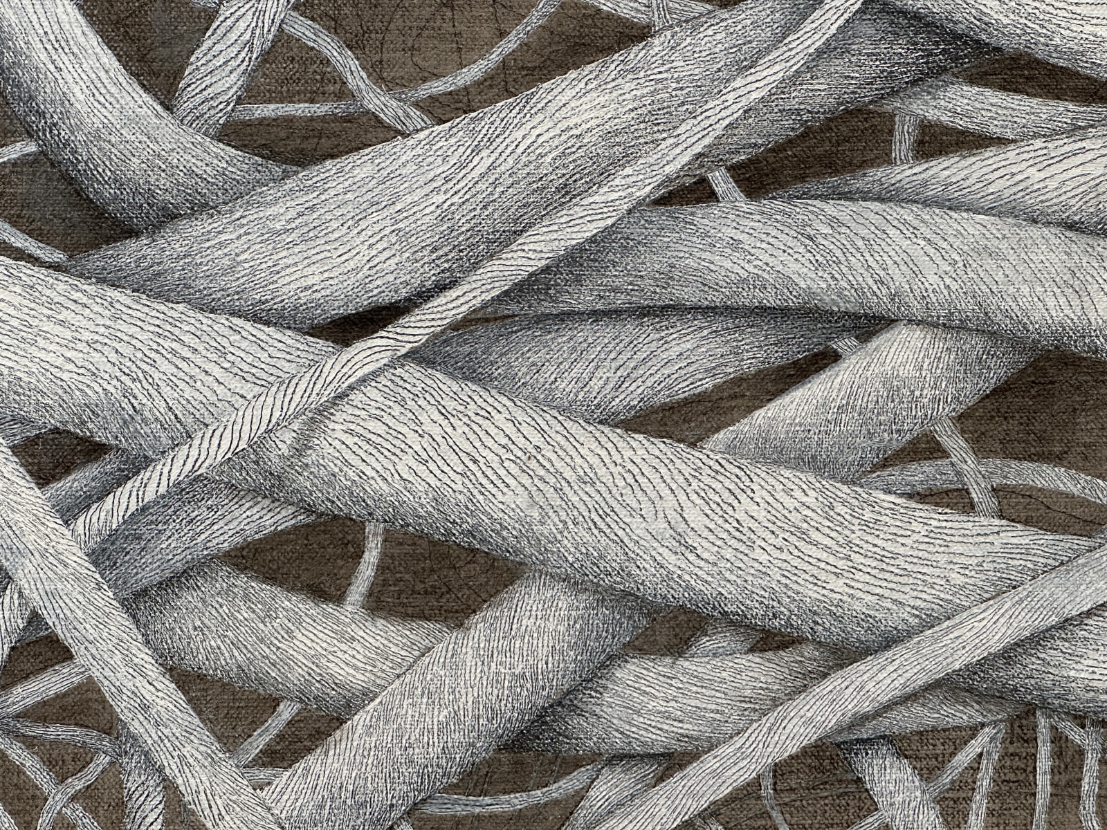 Painting of a tangle of branches with an off centered vertical yellow stripe
