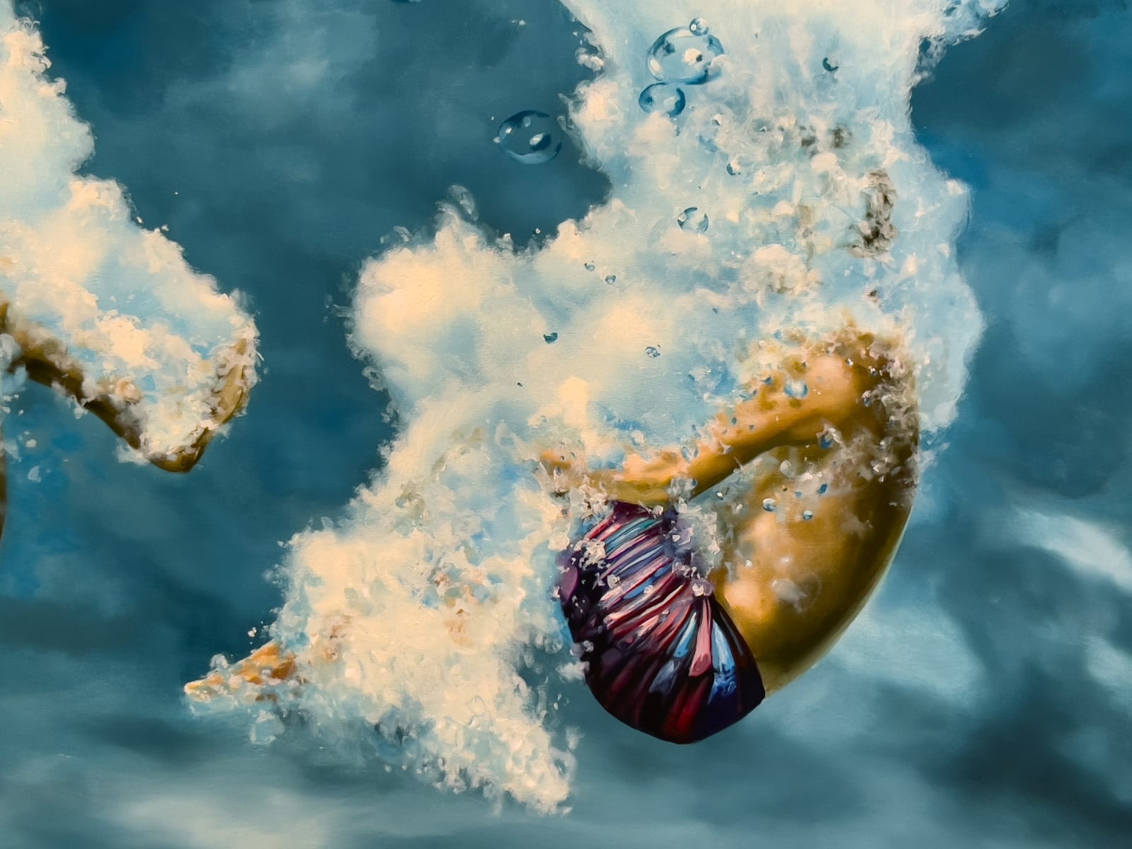 Painting of a man and a woman in tuck positions under watet