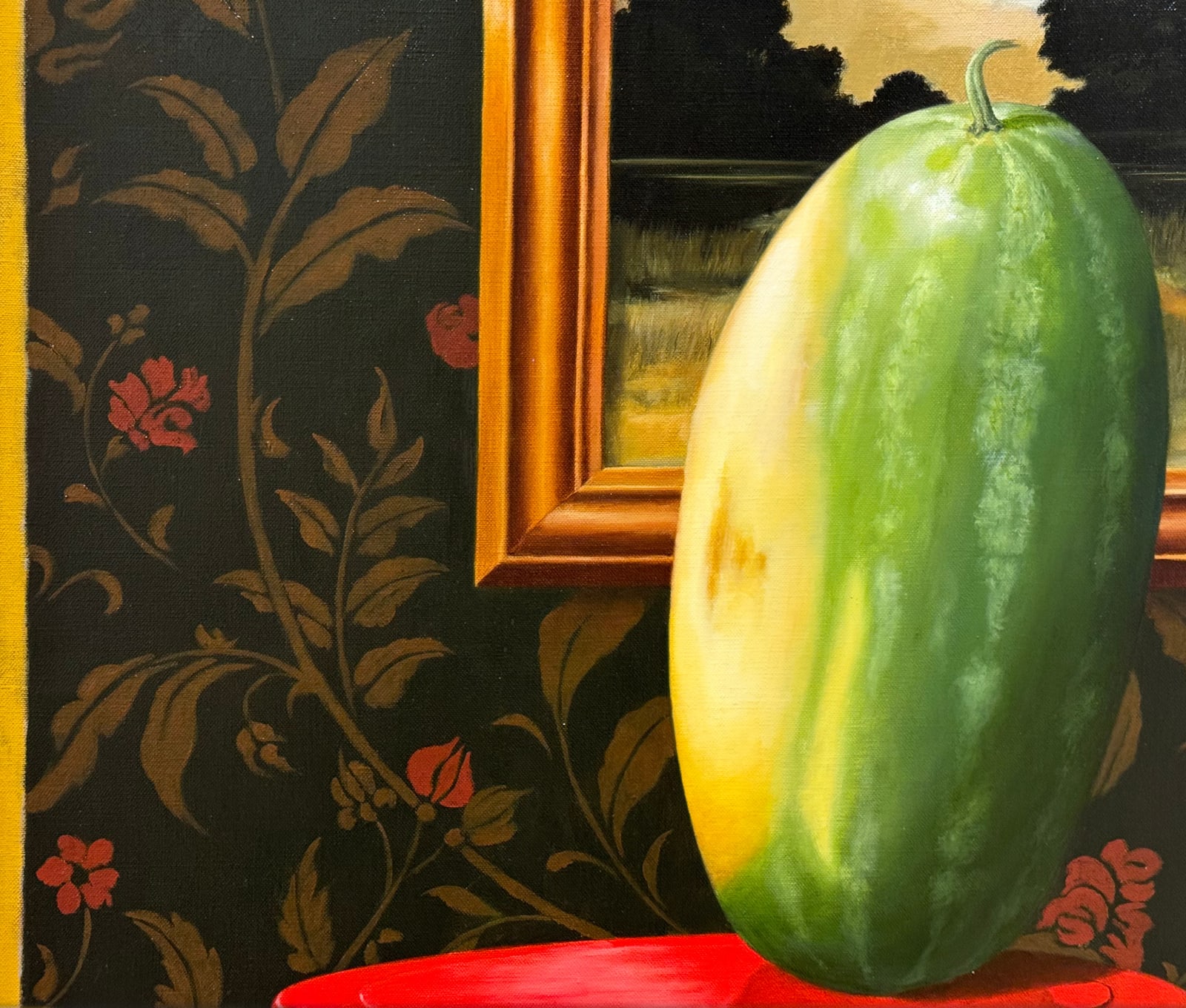 Painting of a watermelon on a red stool