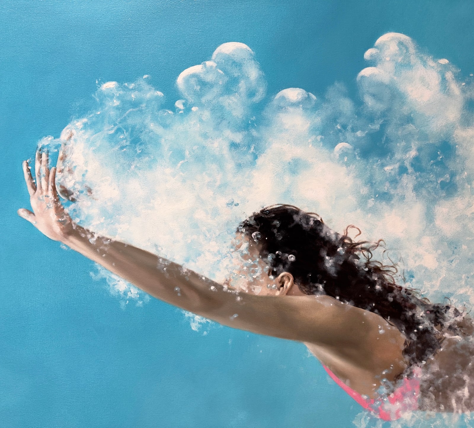 Painting of a woman in a pink bathing suit swimming