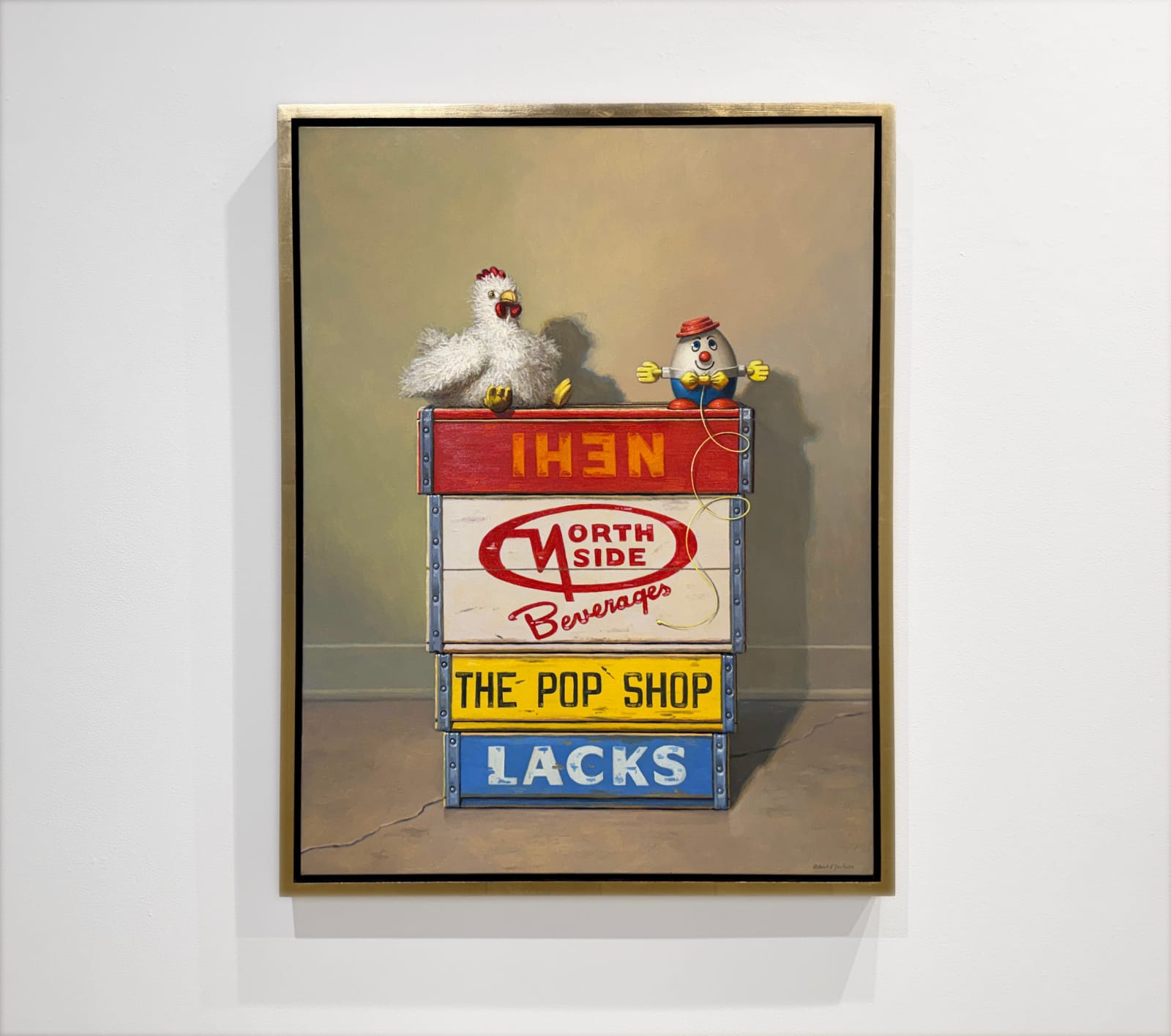 Still life painting of a toy chicken and an egg