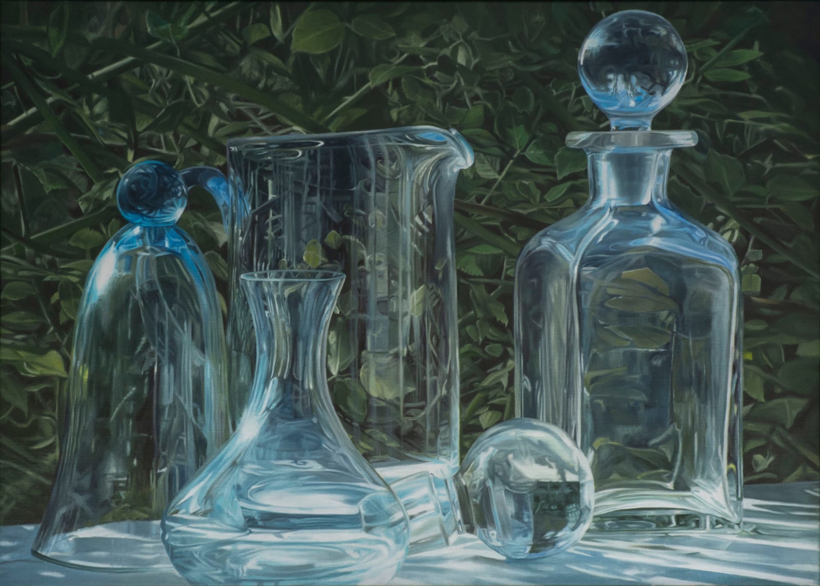 Oil painting of 4 glass vessels before foliage on linen