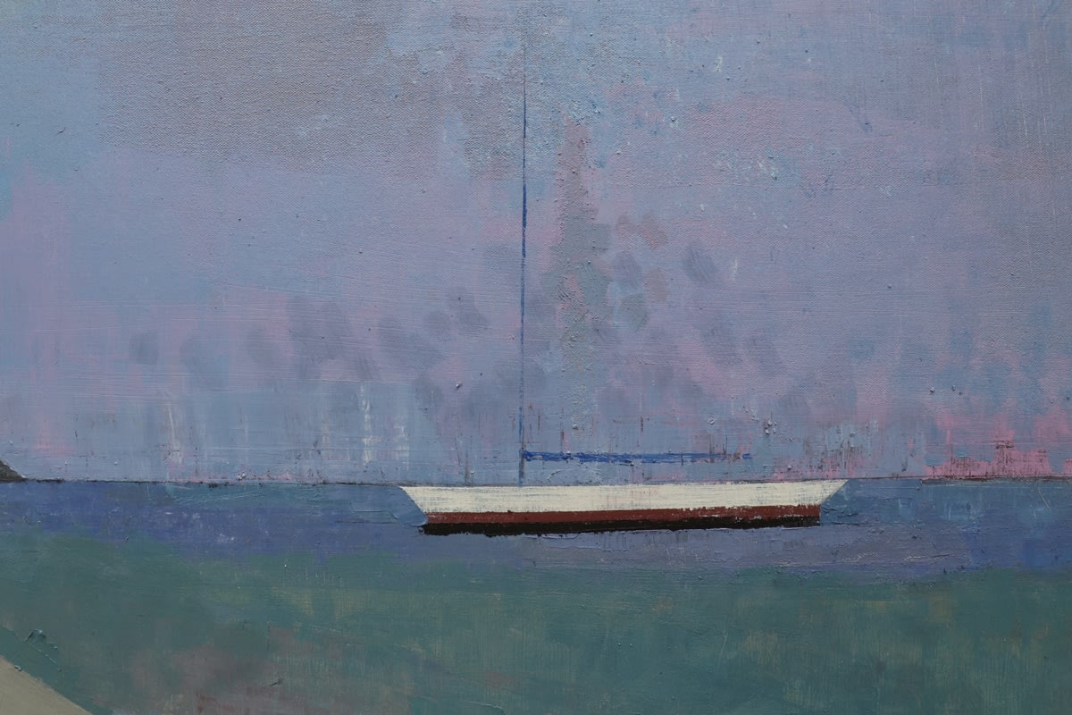 Landscape oil painting of coast line with boats