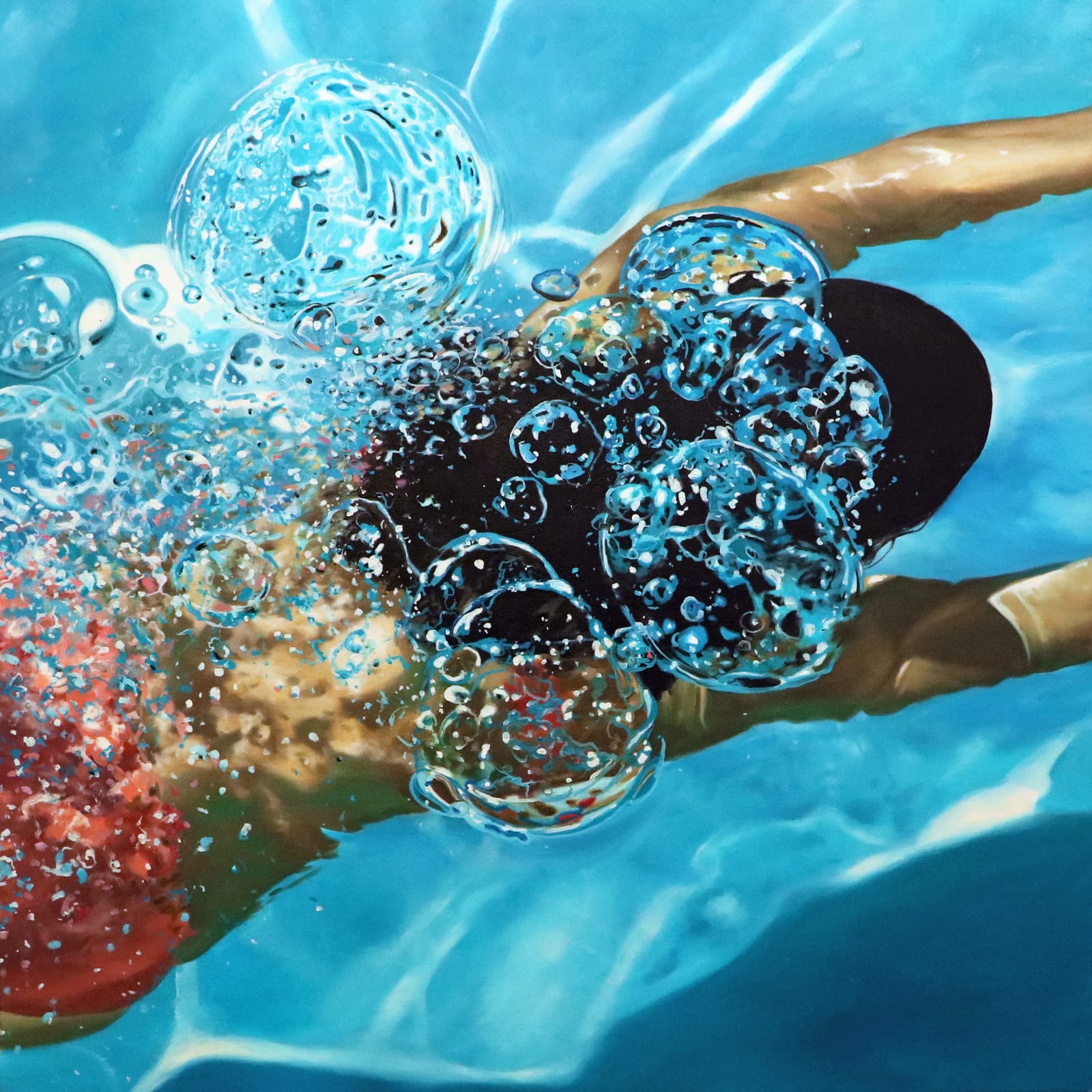 Painting of a woman swimming under water