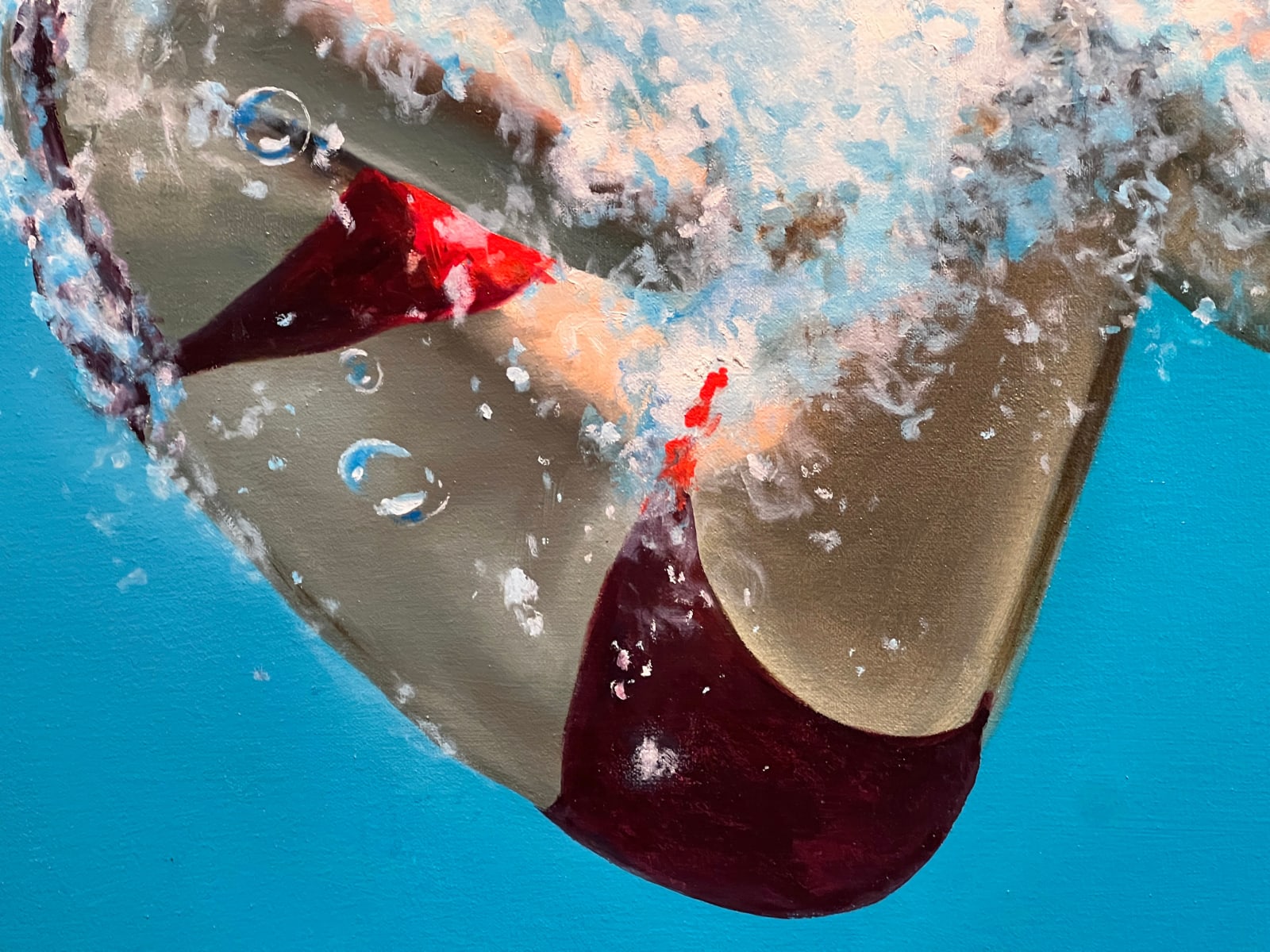 Oil painting of girl impacting water's surface in a cannonball on canvas