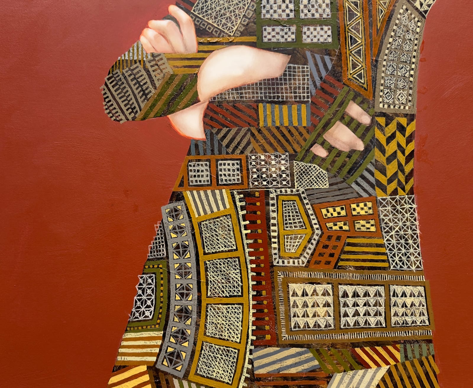 Painting of woman with textile hair on a red background