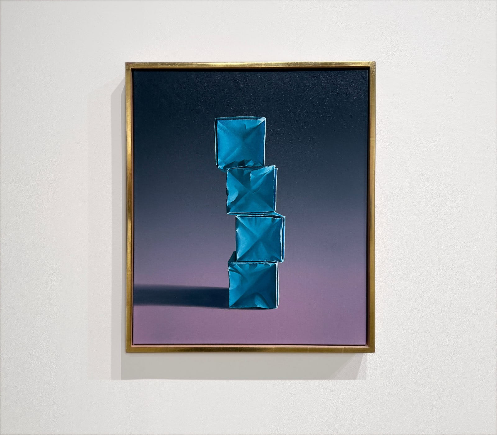 Painting of a teal stack of teal paper boxes on a purple to gray gradient background