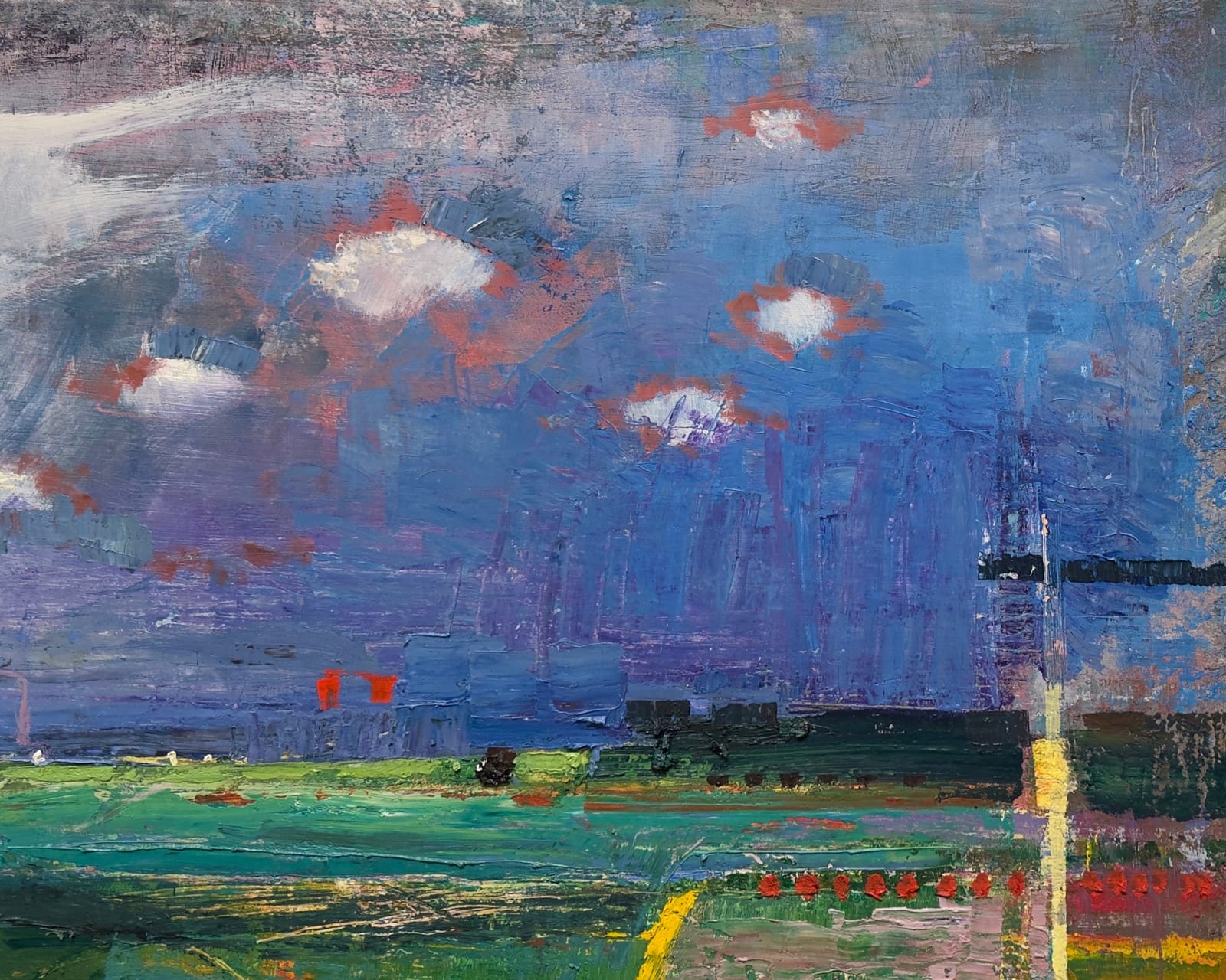Painting of a beach and countryside landscape