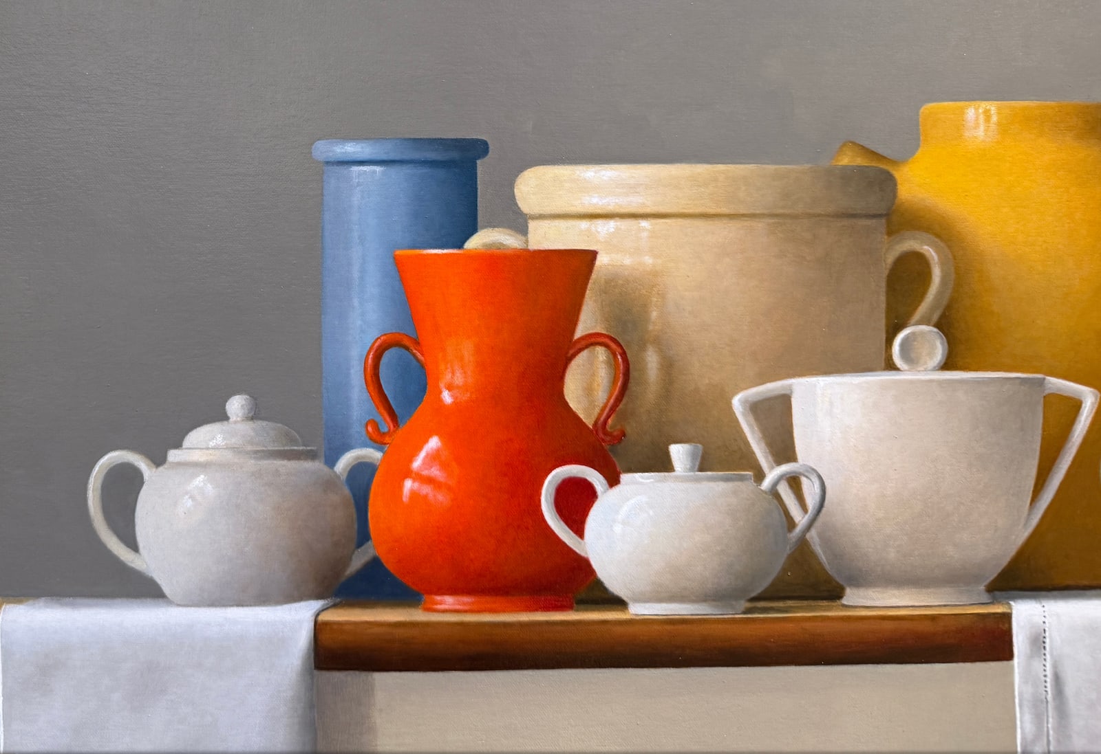Painting of a still life with many handled vessels