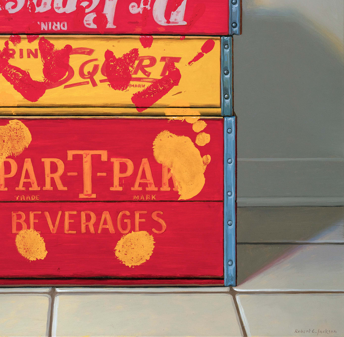 Bottom right detail of Flowers made from Coca Cola cans on top of red and yellow soda boxes with hand and foot prints