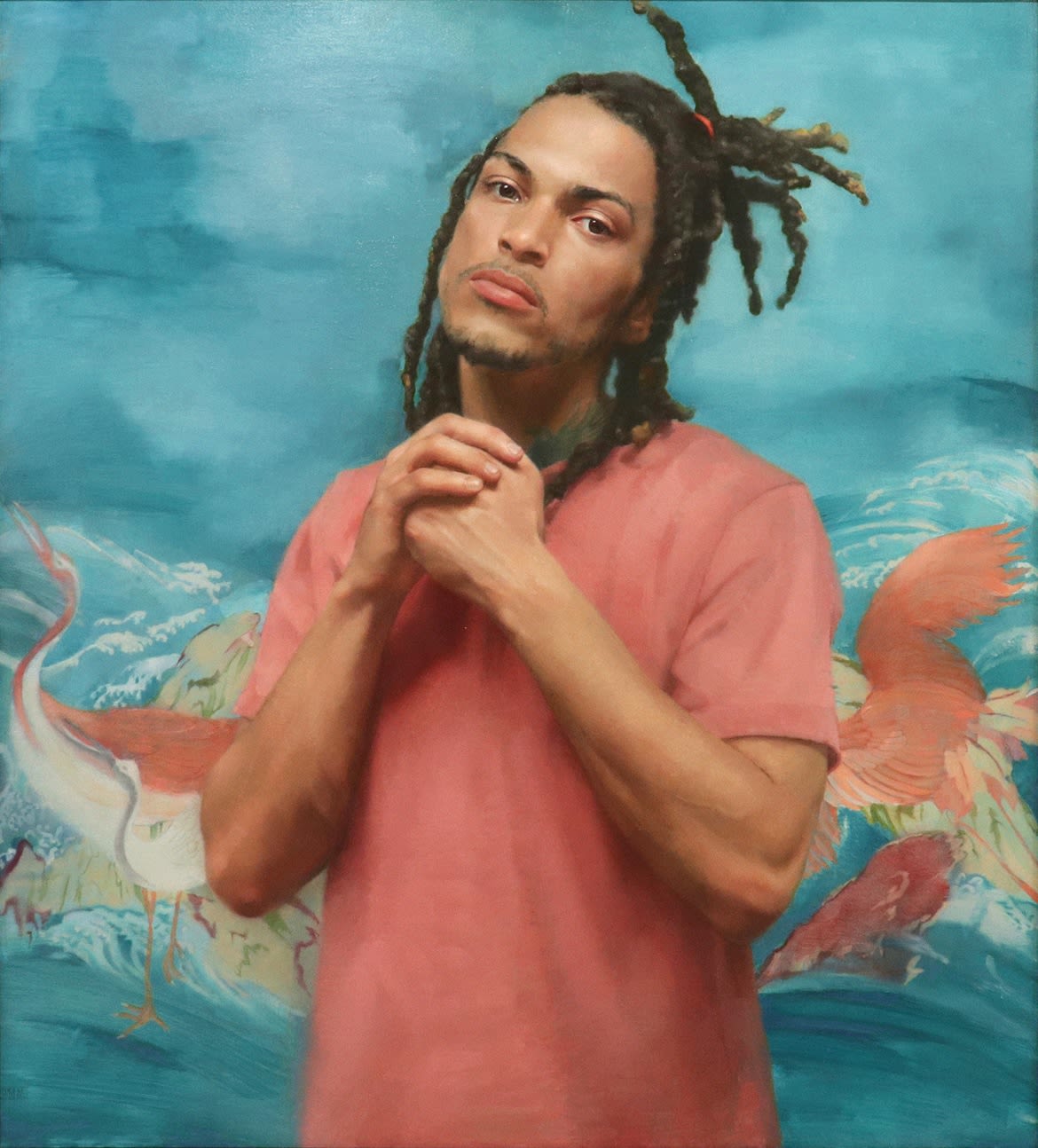 Figurative oil painting of young man on panel
