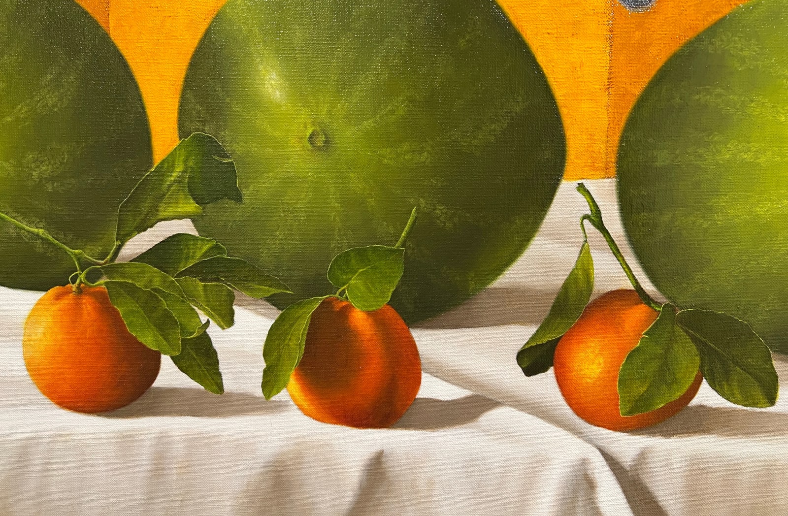 Detail of Painting of Three Watermelons with fruit and ribbon
