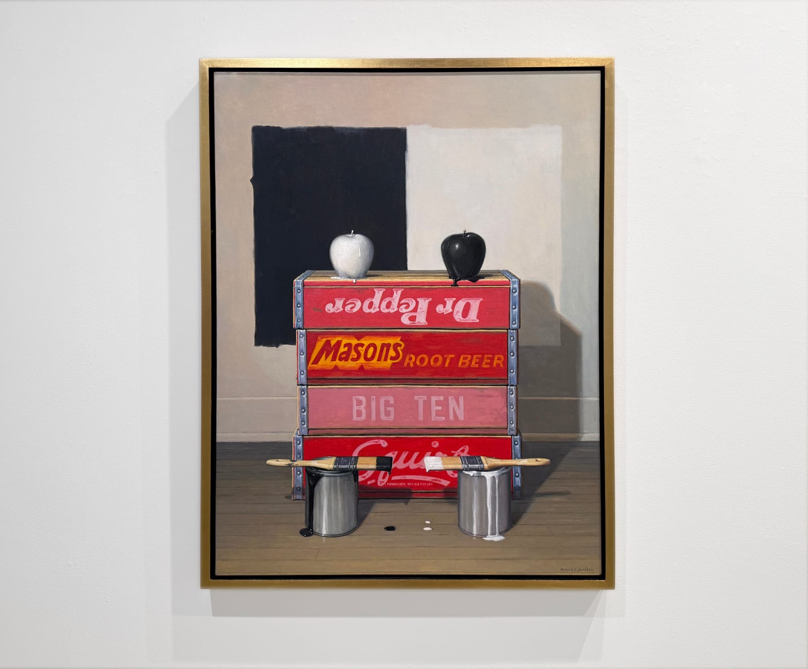 Still life painting of two painted apples on soda boxes