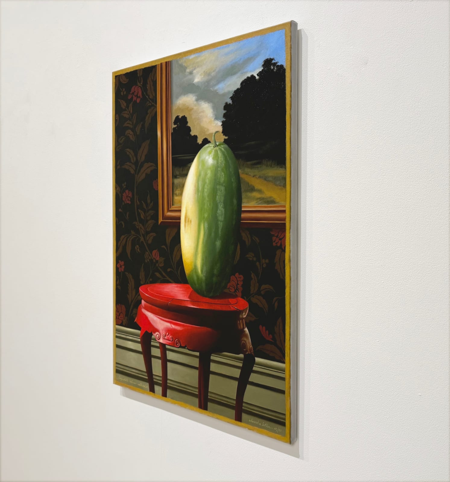 Painting of a watermelon on a red stool