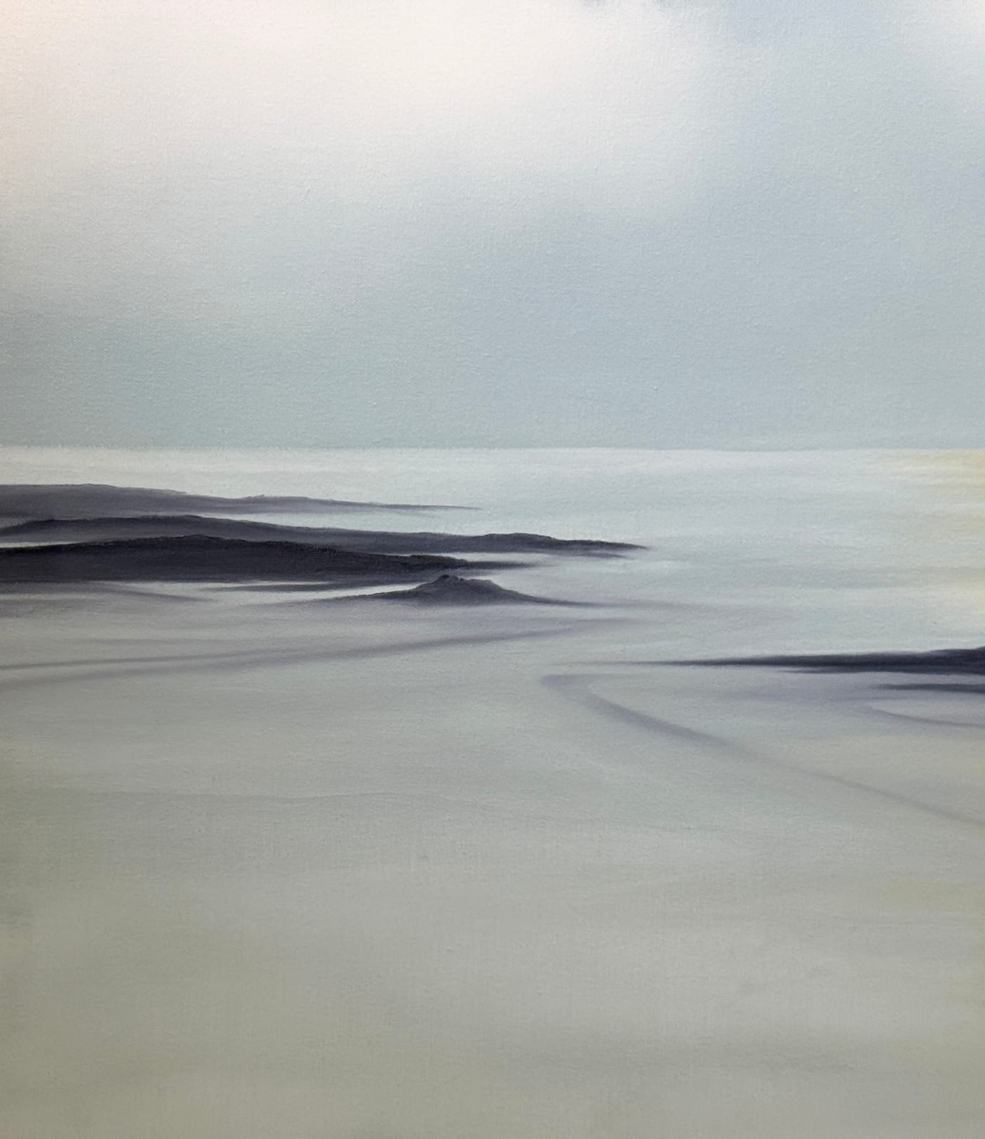 Painting of a blue landscape with moon