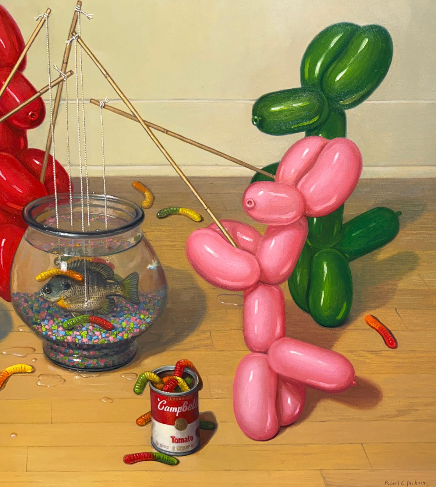 Painting of balloon dogs fishing