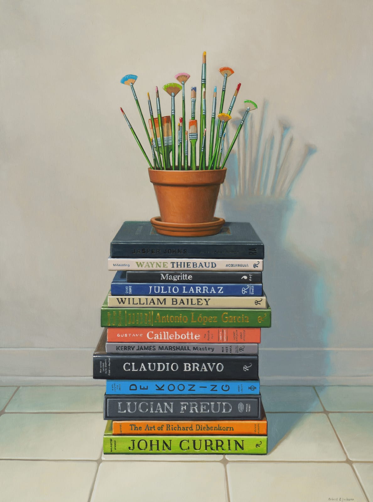 Still life painting of a flowerpot with paint brushes in it atop a stack of books