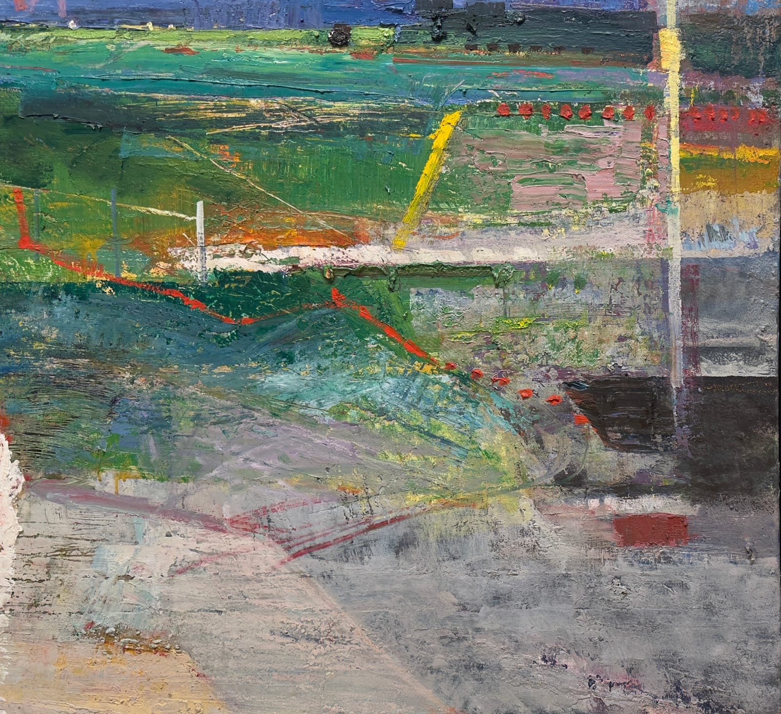Painting of a beach and countryside landscape