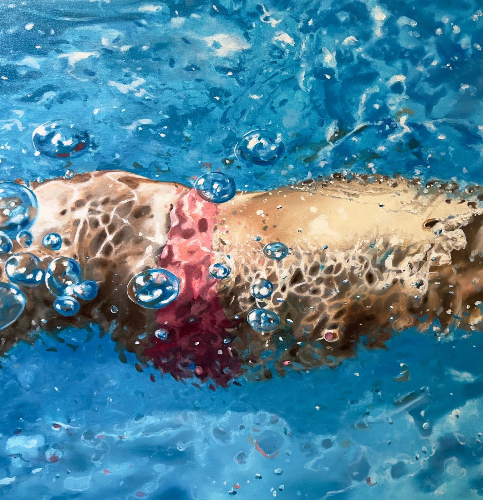 Painting of a woman on her back swimming