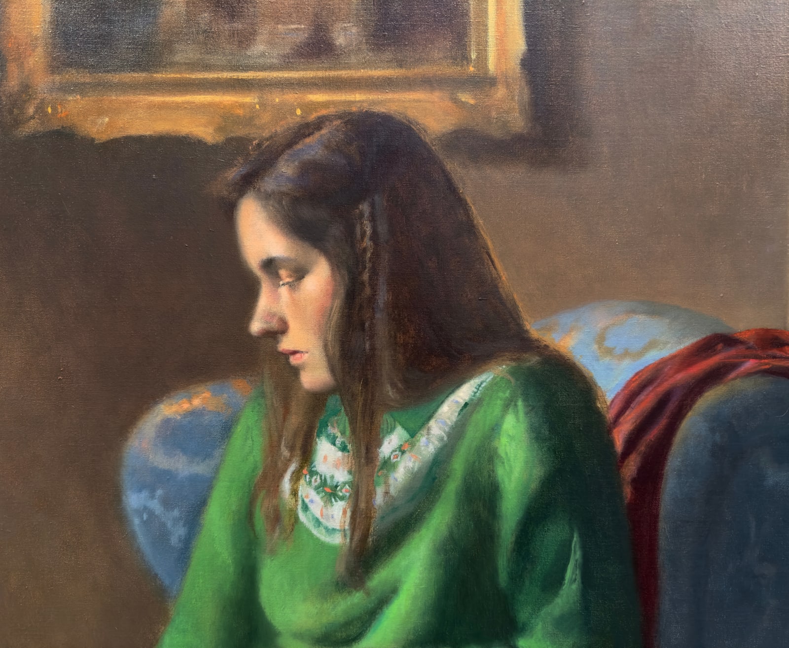 Painting of a woman sitting in an arm chair