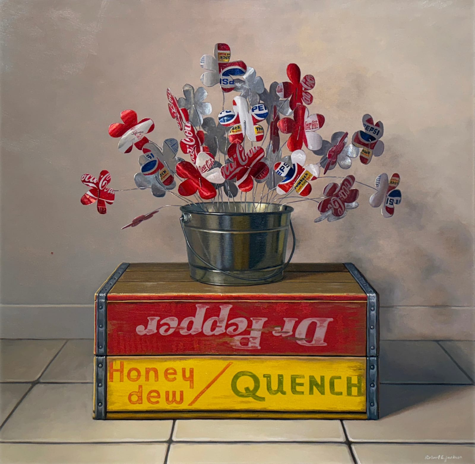 Still life painting of a soda can bouquet