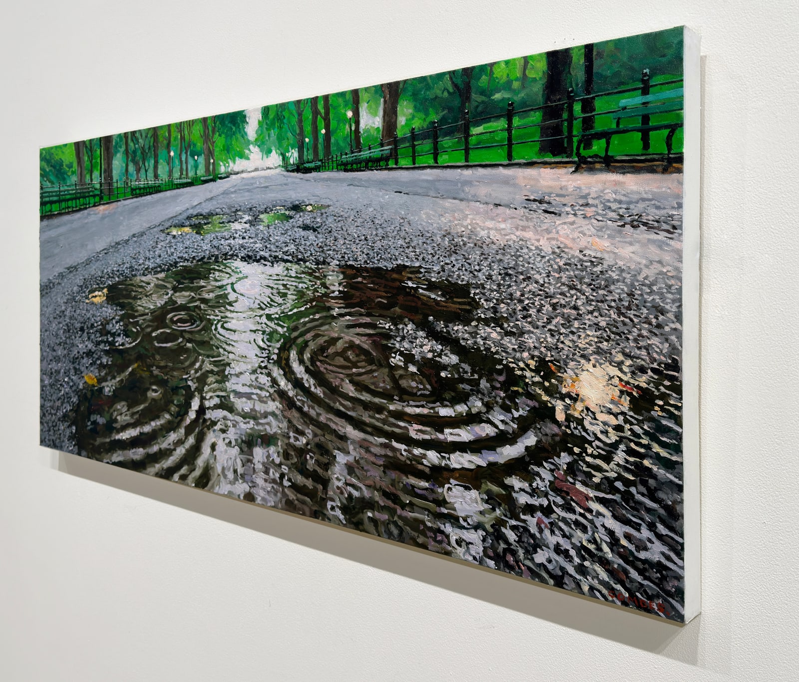 Painting of a rain puddle in the walkway of a park